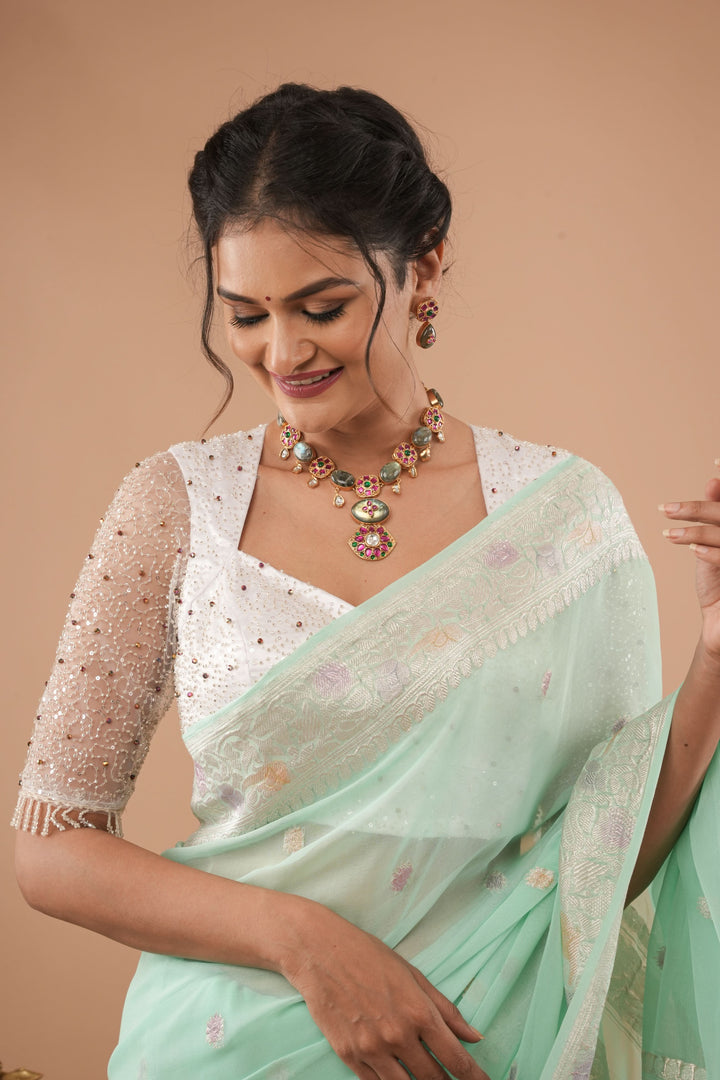 White Blouse with Beaded Detailing and Sheer Sleeves, Customizable, Made to Order