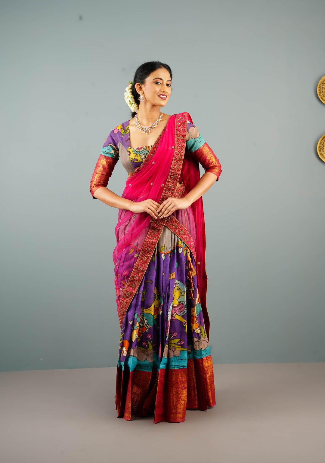 Pure Pen Kalamkari with Wide Zari Border Blouse on Chennuri Silk with below the elbow sleeves, Customizable, Made to Order