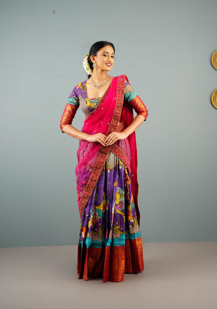 Pure Pen Kalamkari with Wide Zari Border Blouse on Chennuri Silk with below the elbow sleeves, Customizable, Made to Order