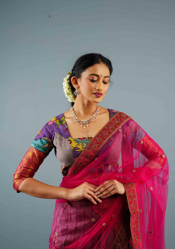 Pure Pen Kalamkari with Wide Zari Border Blouse on Chennuri Silk with below the elbow sleeves, Customizable, Made to Order