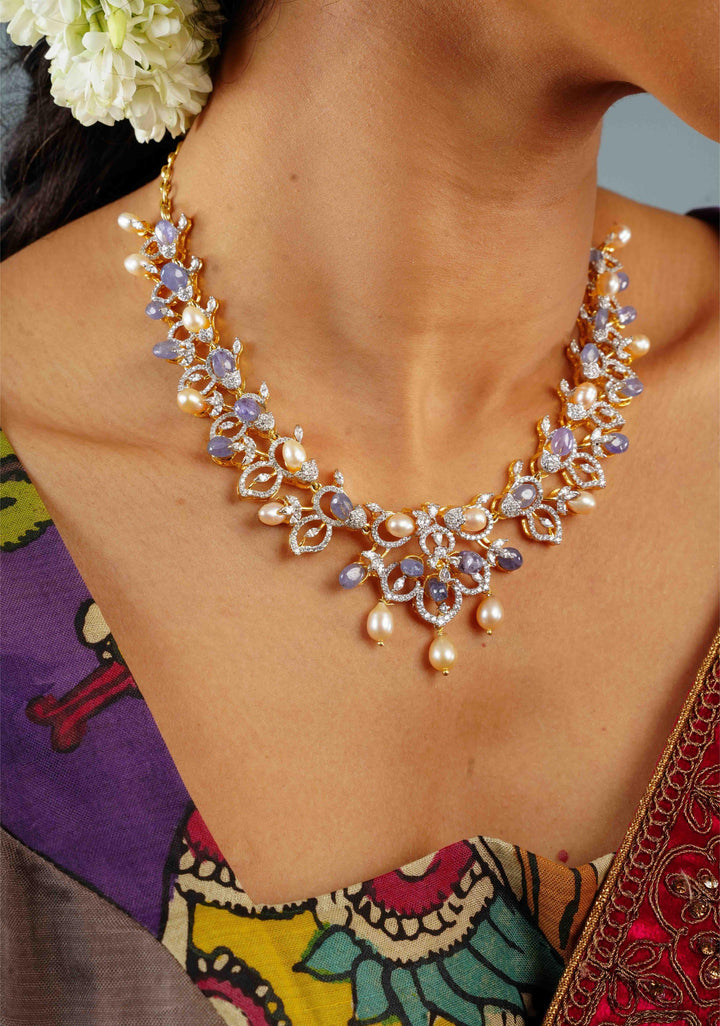 92.5 Silver 24 Ct Gold plated Lilac Dreams Diamond Look Necklace Set