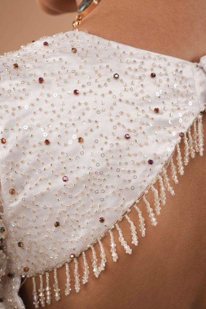 White Blouse with Beaded Detailing and Sheer Sleeves, Customizable, Made to Order