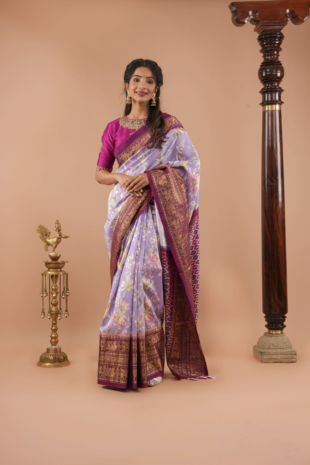 Exquisite Pochampally Ikkat Kanjivaram Pure Silk Digital Print saree in Lavender and Purple with Zari Border  I SILK MARK CERTIFIED