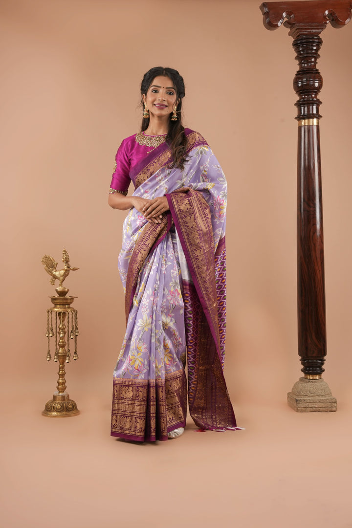 Exquisite Pochampally Ikkat Kanjivaram Pure Silk Digital Print saree in Lavender and Purple with Zari Border  I SILK MARK CERTIFIED
