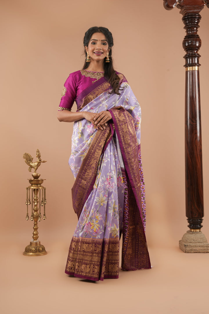 Exquisite Pochampally Ikkat Kanjivaram Pure Silk Digital Print saree in Lavender and Purple with Zari Border  I SILK MARK CERTIFIED