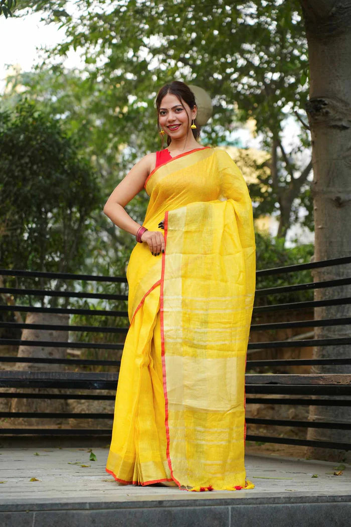 Yellow Pure Linen Ready to Wear Saree with striking red border
