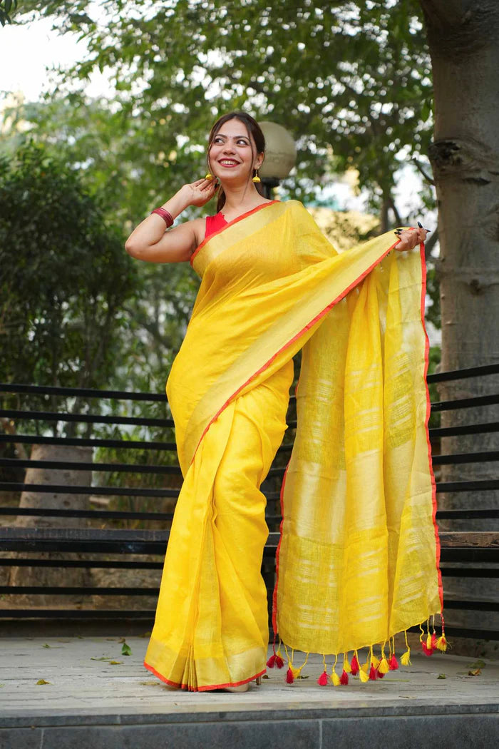 Yellow Pure Linen Ready to Wear Saree with striking red border