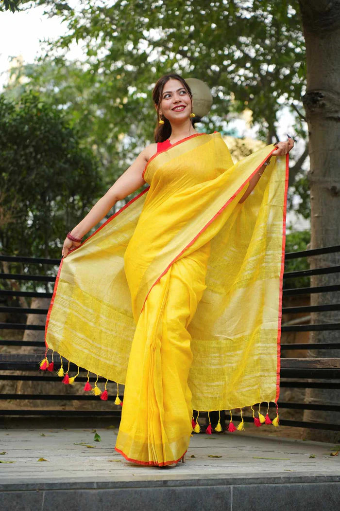 Yellow Pure Linen Ready to Wear Saree with striking red border