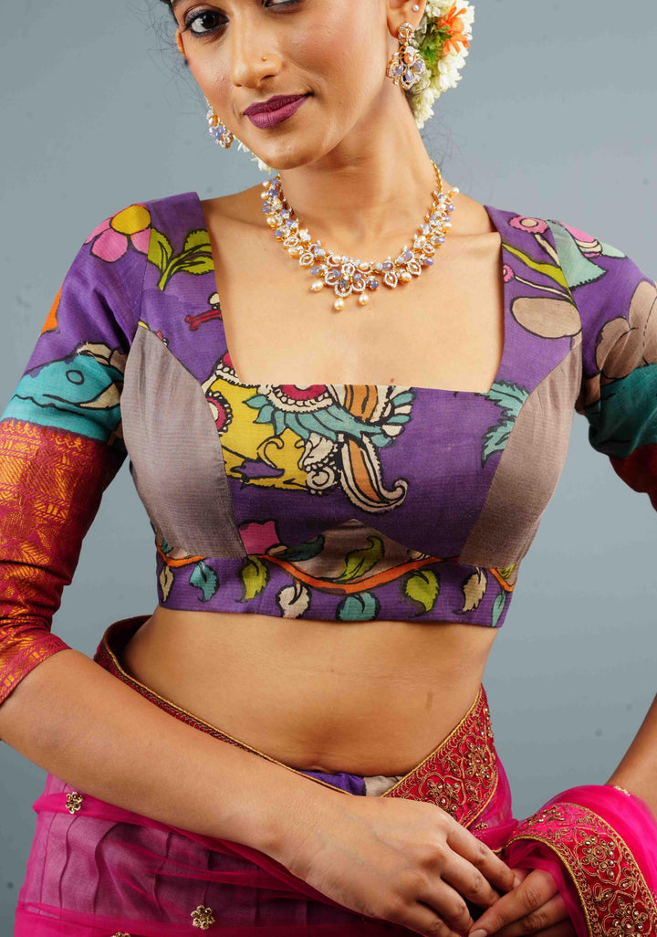 Pure Pen Kalamkari with Wide Zari Border Blouse on Chennuri Silk with below the elbow sleeves, Customizable, Made to Order