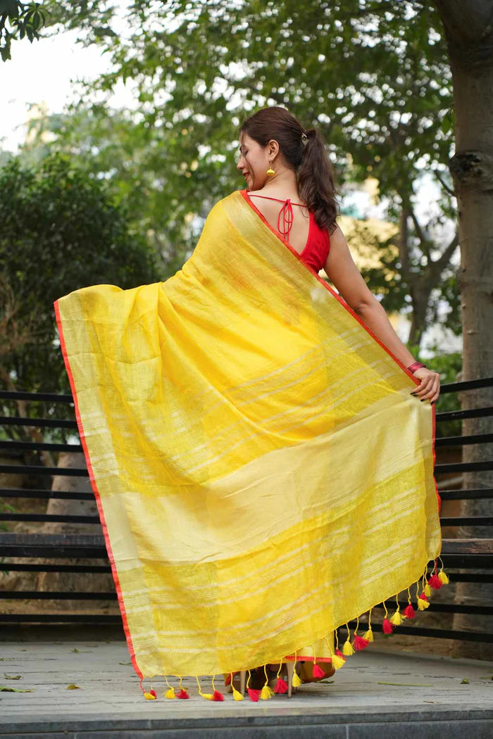 Yellow Pure Linen Ready to Wear Saree with striking red border