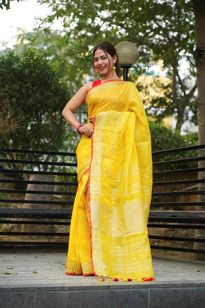 Yellow Pure Linen Ready to Wear Saree with striking red border
