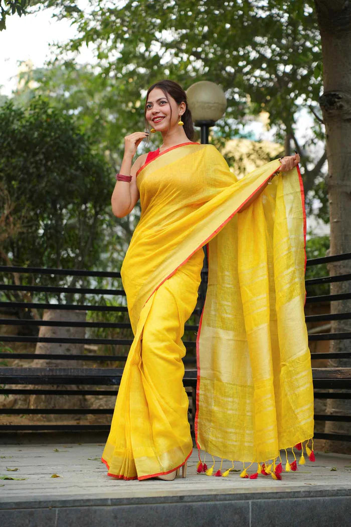 Yellow Pure Linen Ready to Wear Saree with striking red border