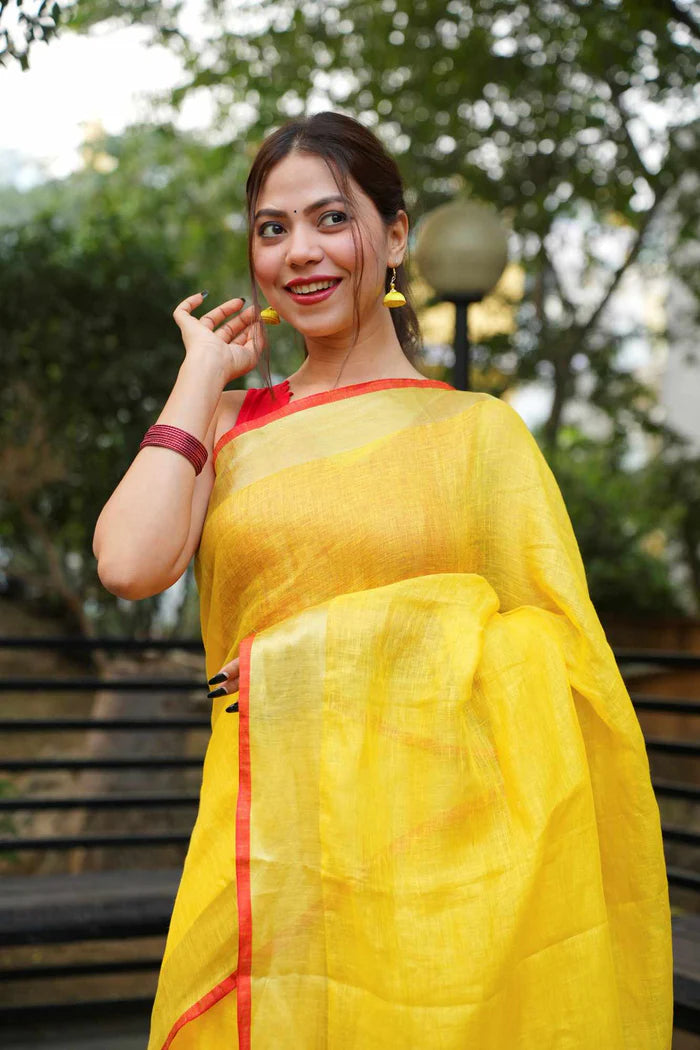 Yellow Pure Linen Ready to Wear Saree with striking red border