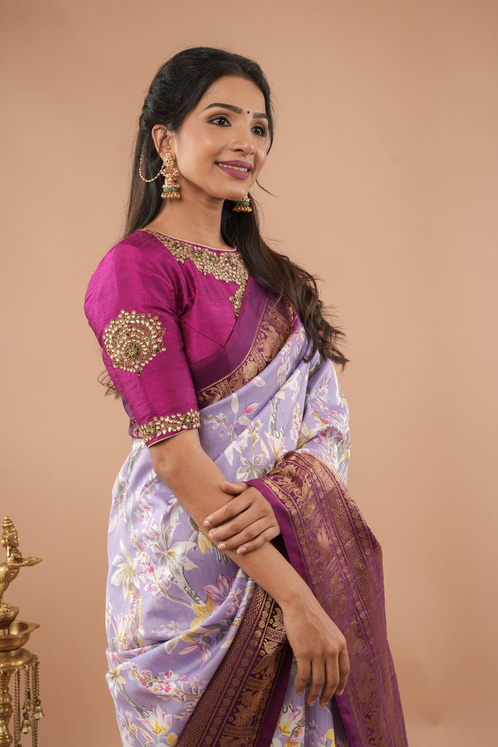 Exquisite Pochampally Ikkat Kanjivaram Pure Silk Digital Print saree in Lavender and Purple with Zari Border  I SILK MARK CERTIFIED