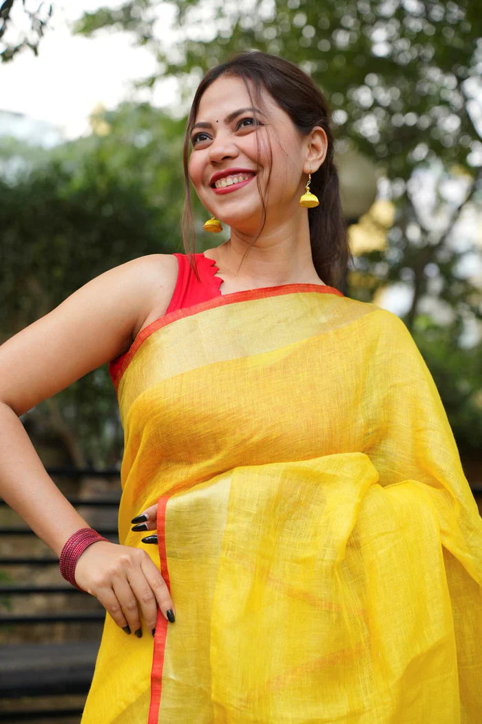 Yellow Pure Linen Ready to Wear Saree with striking red border