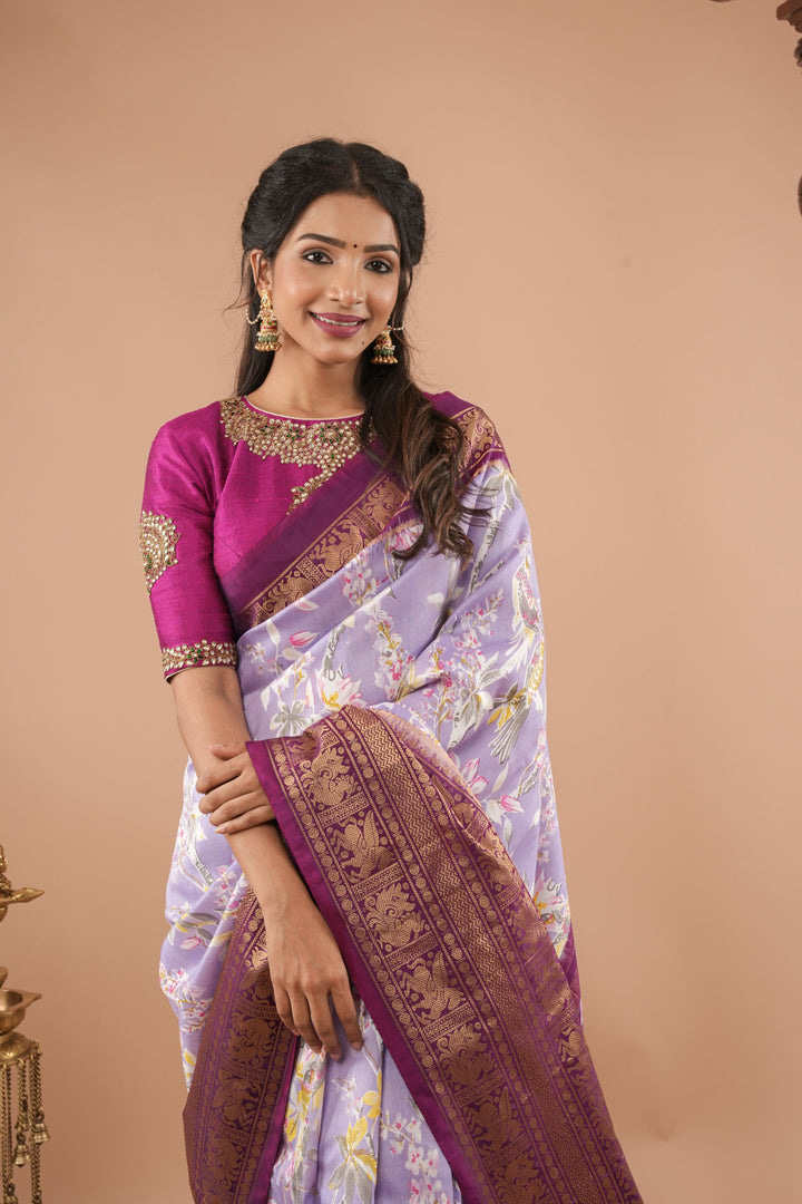Exquisite Pochampally Ikkat Kanjivaram Pure Silk Digital Print saree in Lavender and Purple with Zari Border  I SILK MARK CERTIFIED
