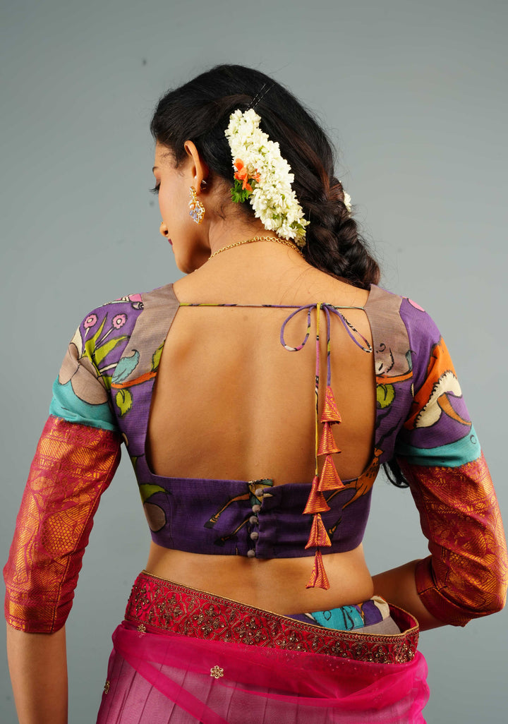 Pure Pen Kalamkari with Wide Zari Border Blouse on Chennuri Silk with below the elbow sleeves, Customizable, Made to Order