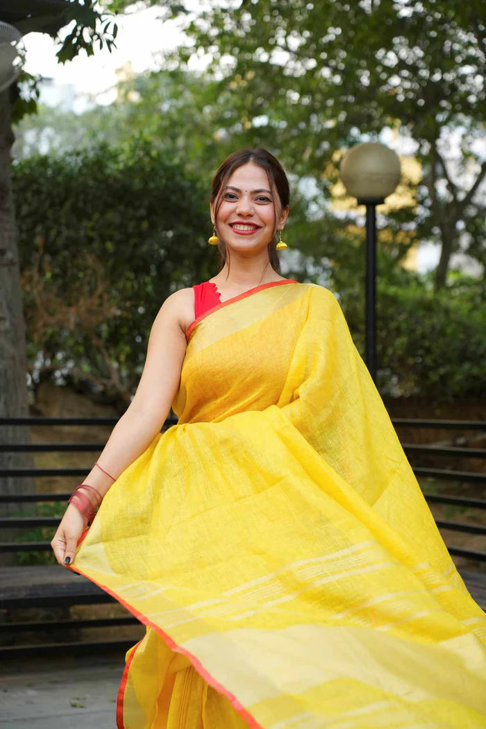 Yellow Pure Linen Ready to Wear Saree with striking red border