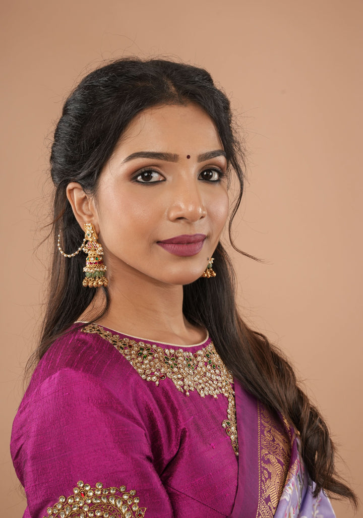 Fuchsia pure raw silk blouse with Kundan necklace and bajuband handwork and unique back cutout | Made to Order