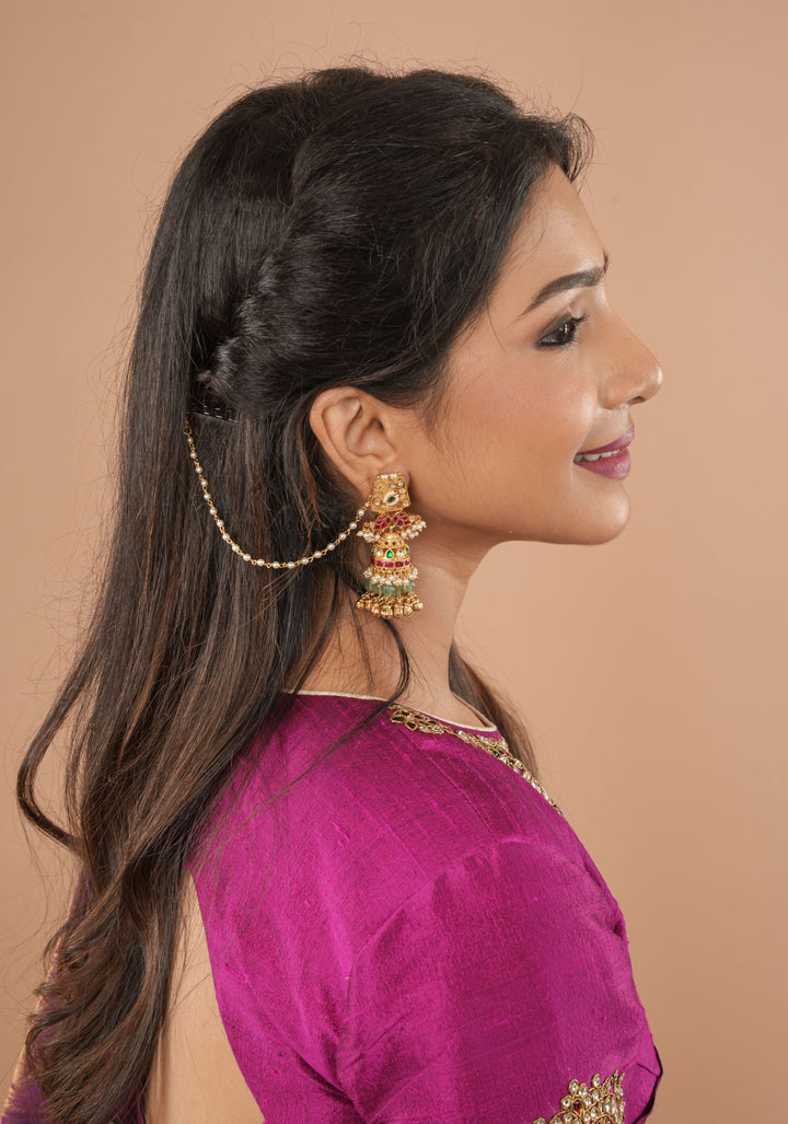 Fuchsia pure raw silk blouse with Kundan necklace and bajuband handwork and unique back cutout | Made to Order