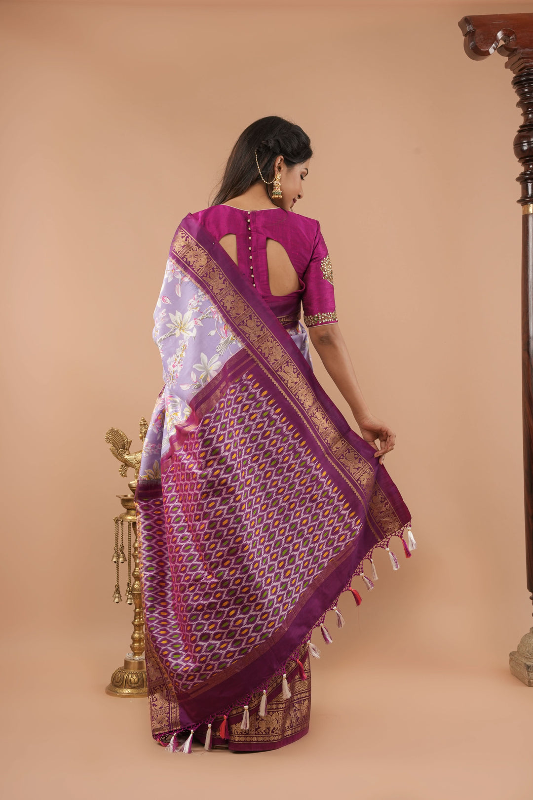 Exquisite Pochampally Ikkat Kanjivaram Pure Silk Digital Print saree in Lavender and Purple with Zari Border  I SILK MARK CERTIFIED