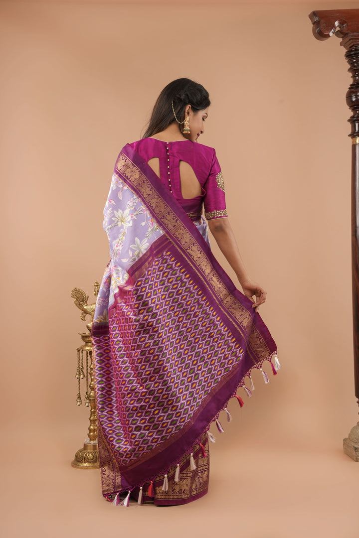 Exquisite Pochampally Ikkat Kanjivaram Pure Silk Digital Print saree in Lavender and Purple with Zari Border  I SILK MARK CERTIFIED