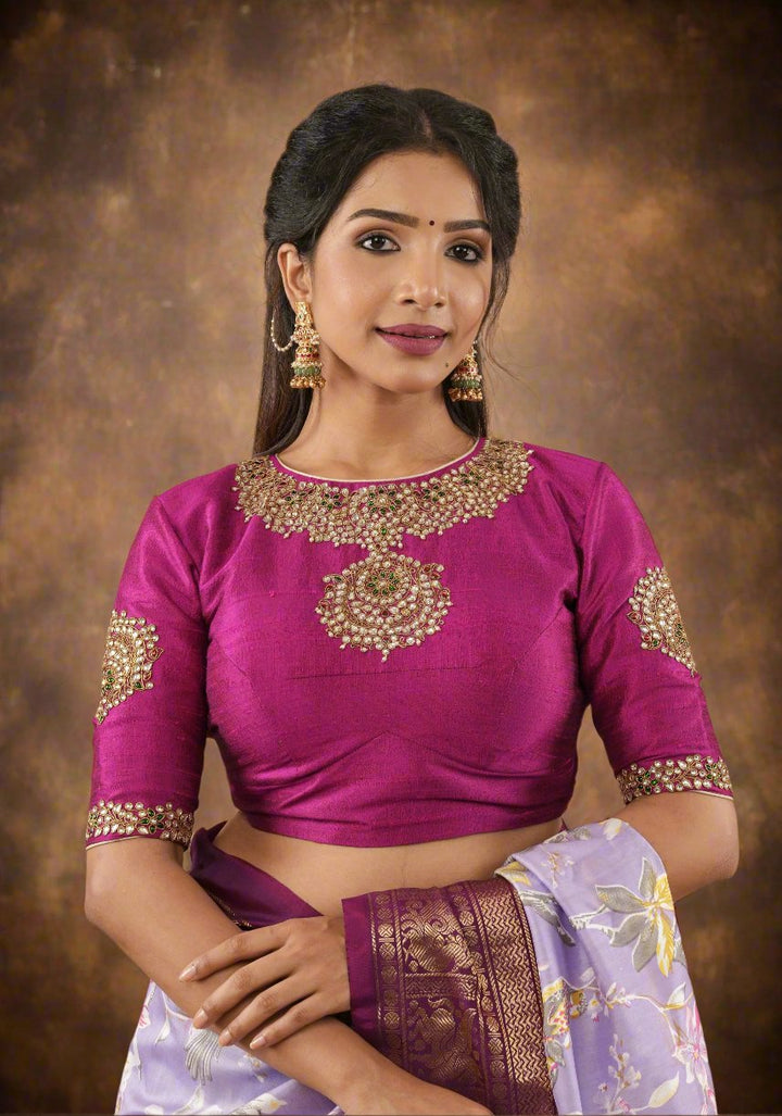 Fuchsia pure raw silk blouse with Kundan necklace and bajuband handwork and unique back cutout | Made to Order