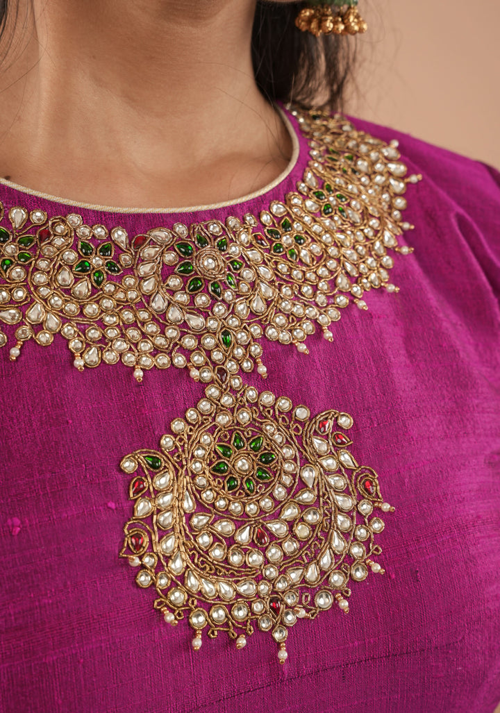Fuchsia pure raw silk blouse with Kundan necklace and bajuband handwork and unique back cutout | Made to Order