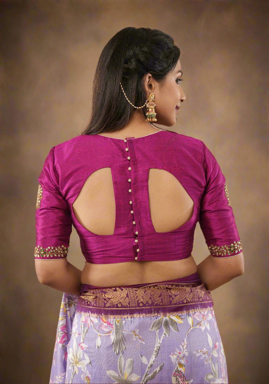 Fuchsia pure raw silk blouse with Kundan necklace and bajuband handwork and unique back cutout | Made to Order