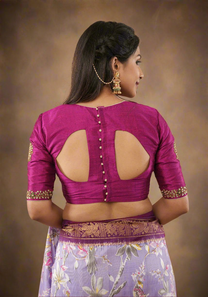 Fuchsia pure raw silk blouse with Kundan necklace and bajuband handwork and unique back cutout | Made to Order