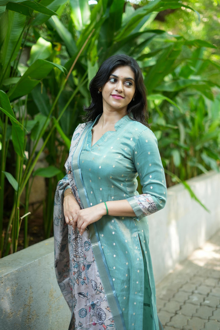 Charita Pastel green Chanderi Kurta Set with Kalamkari Dupatta | Made To Order