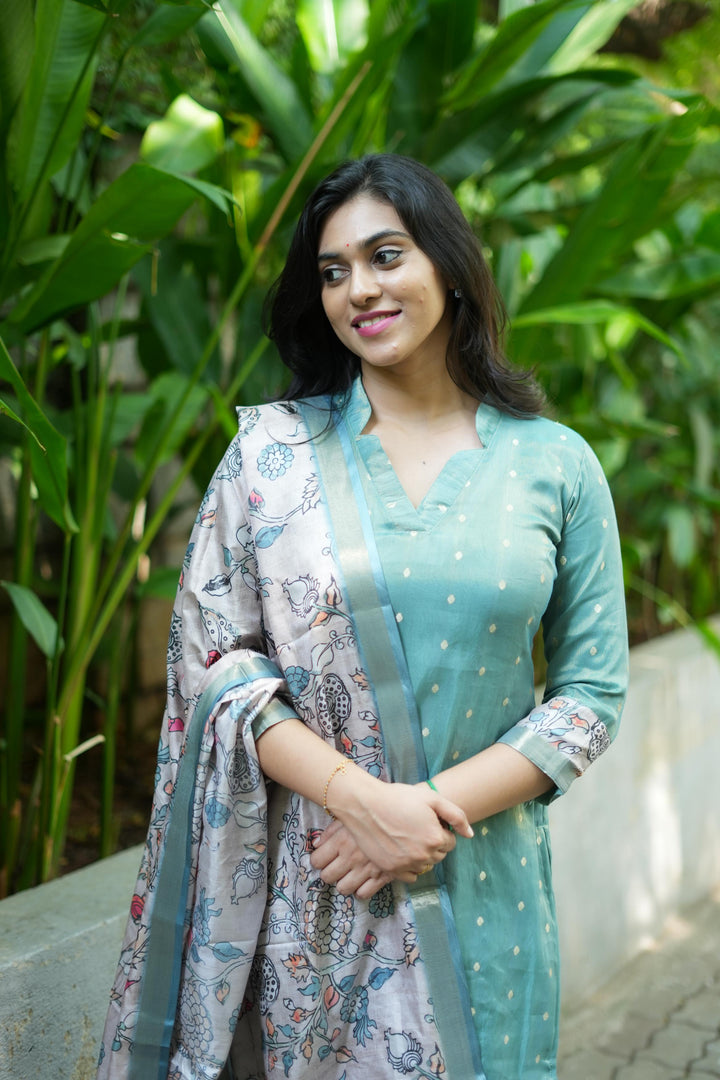 Charita Pastel green Chanderi Kurta Set with Kalamkari Dupatta | Made To Order