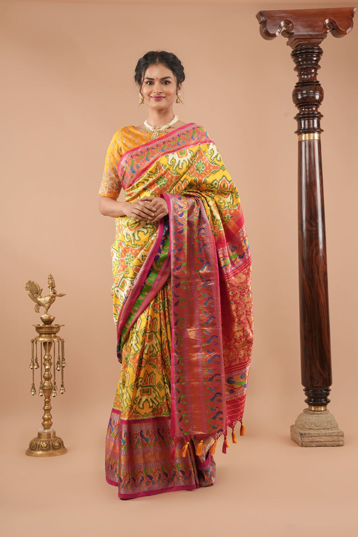 Ambari- Light Yellow Ikkat Patola Kanjivaram Saree with Paithani Border | SILK MARK CERTIFIED