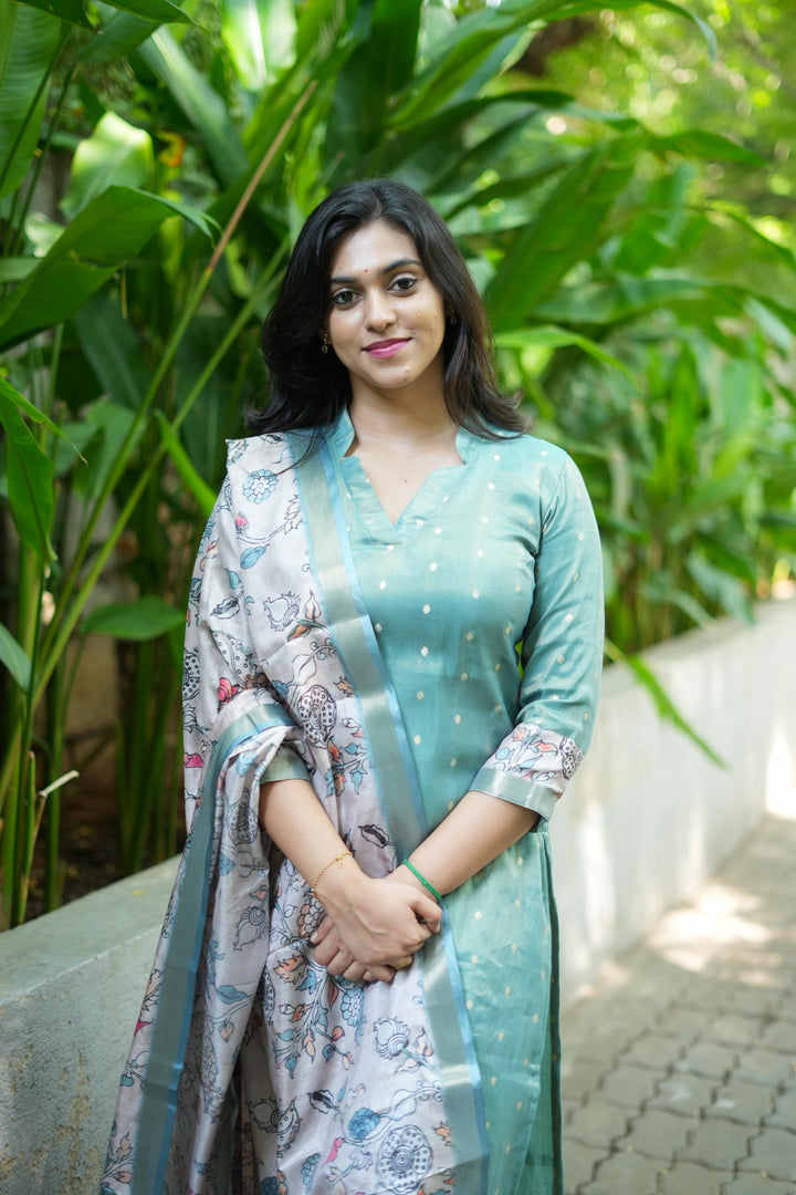 Charita Pastel green Chanderi Kurta Set with Kalamkari Dupatta | Made To Order