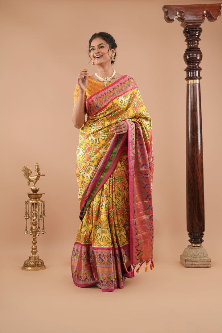 Ambari- Light Yellow Ikkat Patola Kanjivaram Saree with Paithani Border | SILK MARK CERTIFIED
