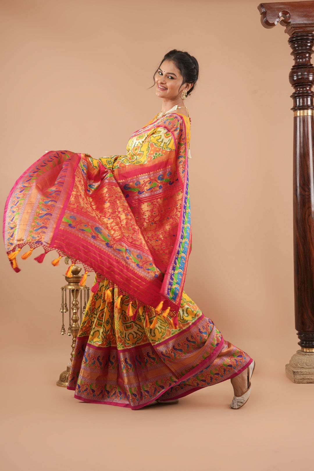 Ambari- Light Yellow Ikkat Patola Kanjivaram Saree with Paithani Border | SILK MARK CERTIFIED