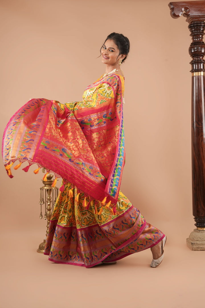 Ambari- Light Yellow Ikkat Patola Kanjivaram Saree with Paithani Border | SILK MARK CERTIFIED