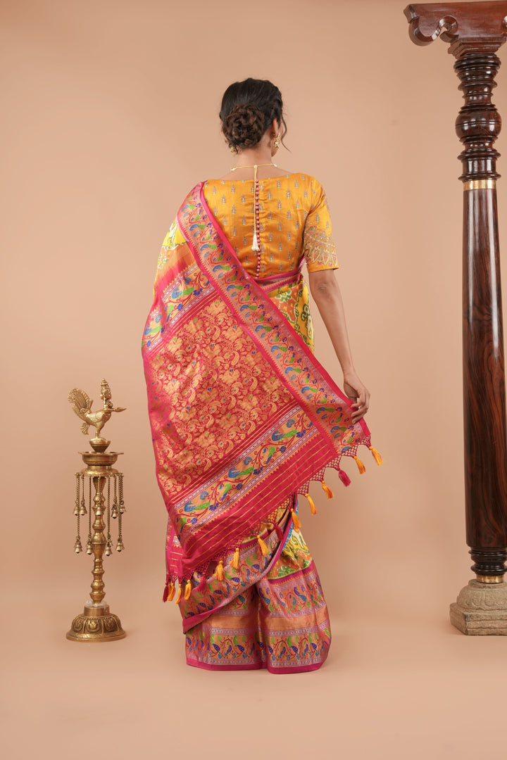 Ambari- Light Yellow Ikkat Patola Kanjivaram Saree with Paithani Border | SILK MARK CERTIFIED