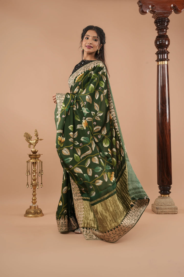 Gajji Silk Saree with Gotta Patti Borders, crushed zari palla and Floral Digital Print