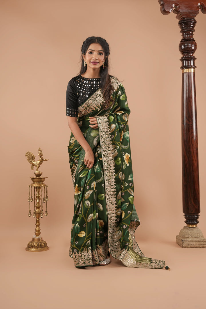 Gajji Silk Saree with Gotta Patti Borders, crushed zari palla and Floral Digital Print