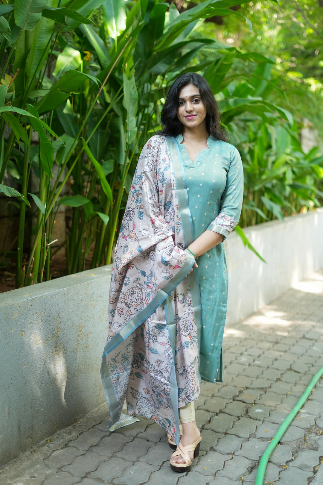 Charita Pastel green Chanderi Kurta Set with Kalamkari Dupatta | Made To Order