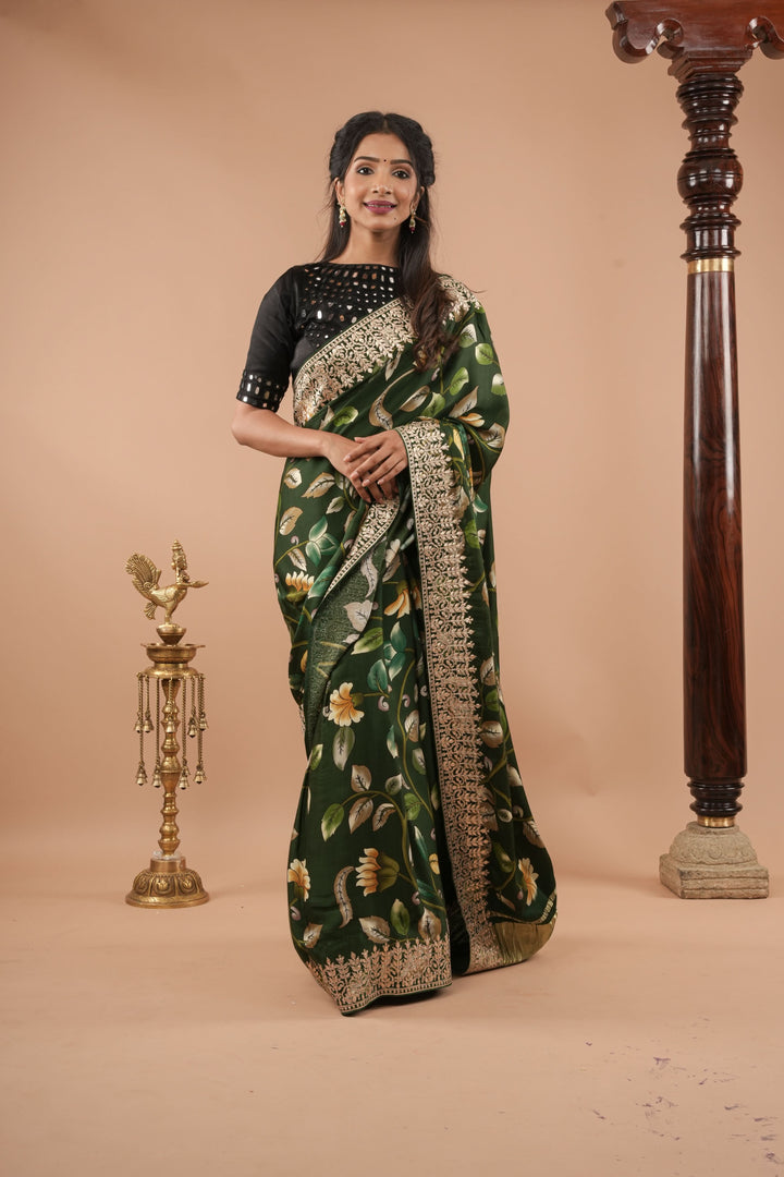 Gajji Silk Saree with Gotta Patti Borders, crushed zari palla and Floral Digital Print