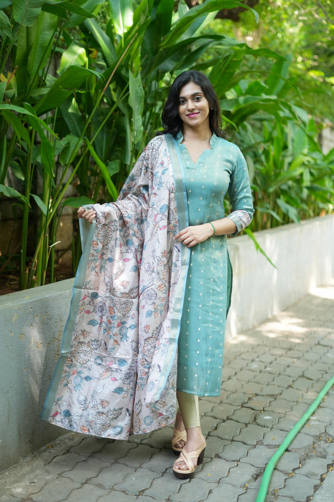Charita Pastel green Chanderi Kurta Set with Kalamkari Dupatta | Made To Order