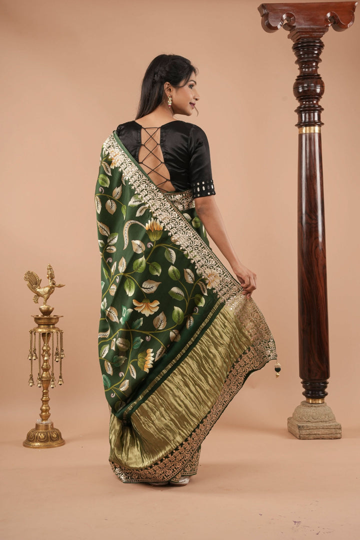 Gajji Silk Saree with Gotta Patti Borders, crushed zari palla and Floral Digital Print