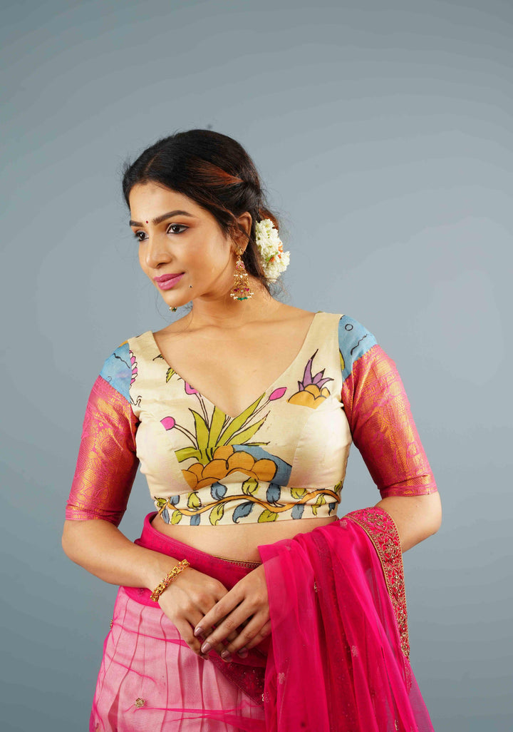 Pure Pen Kalamkari in Off White with Wide Zari Border Blouse on Chennuri Silk with zari sleeves, Customizable, Made to Order