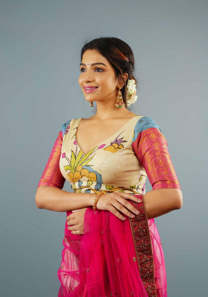 Pure Pen Kalamkari in Off White with Wide Zari Border Blouse on Chennuri Silk with zari sleeves, Customizable, Made to Order