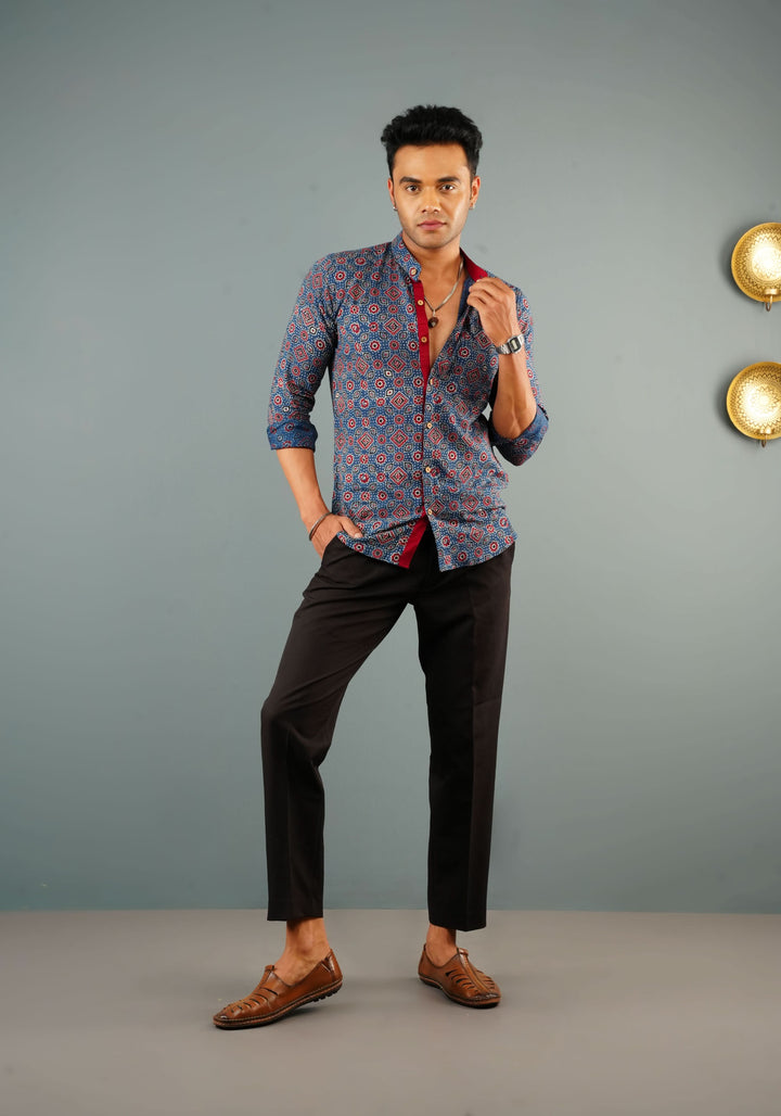 Blue Ajrakh Hand Block print Shirt with Mandarin Collar Full Sleeve Shirt