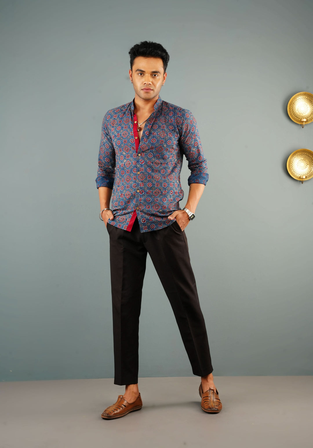 Blue Ajrakh Hand Block print Shirt with Mandarin Collar Full Sleeve Shirt