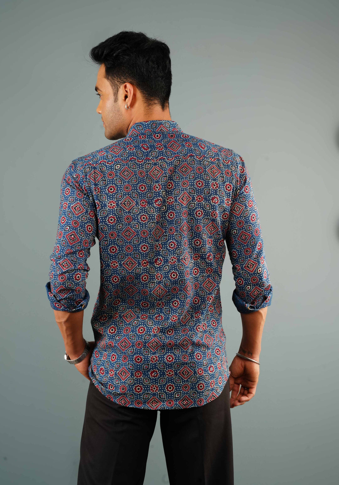 Blue Ajrakh Hand Block print Shirt with Mandarin Collar Full Sleeve Shirt