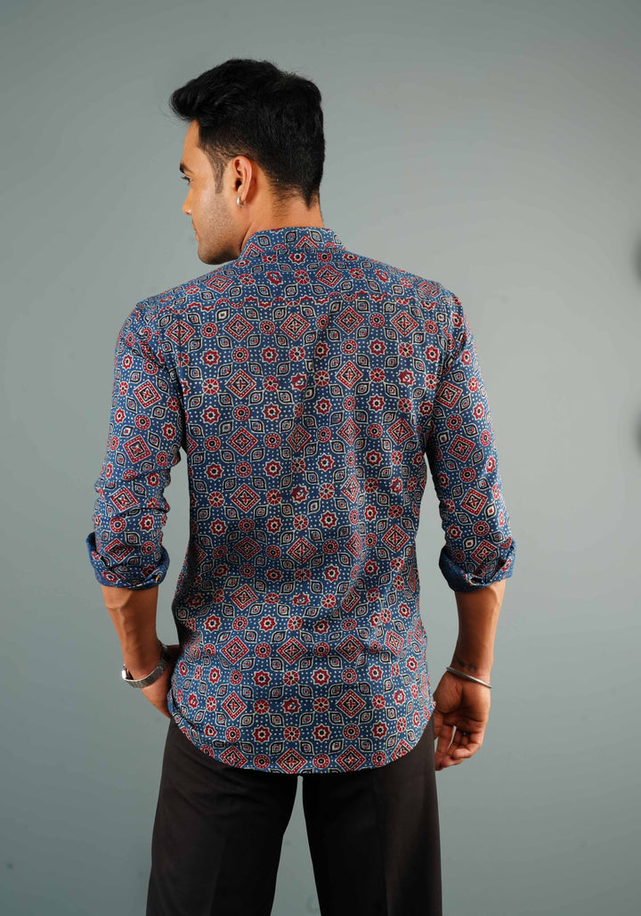 Blue Ajrakh Hand Block print Shirt with Mandarin Collar Full Sleeve Shirt
